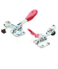 Two Pack Heavy Duty Horizontal Toggle Clamp Set For Woodworking, Quick Hold Pliers Clamp, 27 Kg / 60 Lb Holding Capacity, 80 Degree Handle Opening, 90 Degree Bar Opening, Red And Silver Metal Plastic Build, 60G Each, two clamps on white