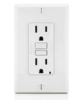 Slim GFCI Receptacle 15 Amp White Outlet Featuring Smart Ground Fault Shutoff And Hassle Free Reset, front view with buttons.