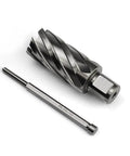 Oscarbide annular cutter with 3/4 in Weldon shank and 1-1/8 in cutting diameter; mag drill bit with pilot pin