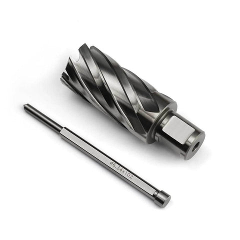 Oscarbide annular cutter with 3/4 in Weldon shank and 1-1/8 in cutting diameter; mag drill bit with pilot pin