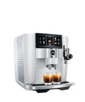 Top Shelf Automatic Espresso Coffee Maker With Dual Bean Hopper And Sweet Foam Milk Frother One Touch Brew White. Brewed coffee displayed.