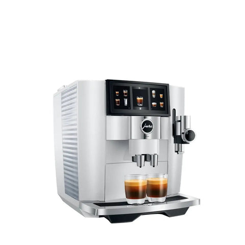 Top Shelf Automatic Espresso Coffee Maker With Dual Bean Hopper And Sweet Foam Milk Frother One Touch Brew White. Brewed coffee displayed.