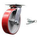 Heavy Duty Polyurethane On Cast Iron Swivel Caster With Bolt Lock And Free Bearings 8 Inch Red Wheel image showing side view with mounting plate.