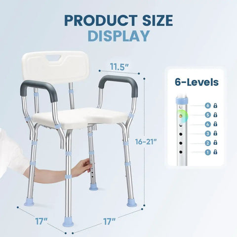 Heavy Duty Shower Chair With Back And Arms, 300 Lb Capacity, Non Slip Aluminum Frame, HDPE Seat, 6-level height adjustment