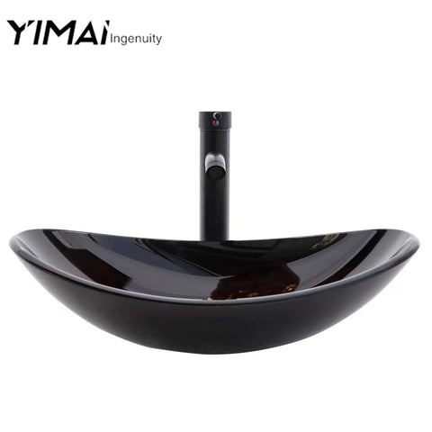 Tempered Glass Vessel Sink For Bathroom Oval Brown Above Counter Basin Dope Sleek Look With Faucet And Pop Up Drain