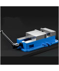 Heavy Duty 4 Inch Precision Bench Vise With Smooth Pull Down Locking Mechanism For Milling And Drilling Machines Secure Metalworking Tool Clamp, showing a blue cast iron vise with silver jaws.