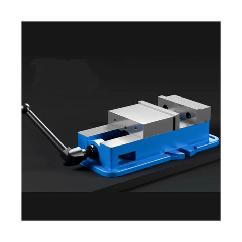 Heavy Duty 4 Inch Precision Bench Vise With Smooth Pull Down Locking Mechanism For Milling And Drilling Machines Secure Metalworking Tool Clamp, showing a blue cast iron vise with silver jaws.