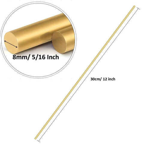 Two solid brass rods, 8 mm (5/16 in) diameter, 12 in long, bar stock for lathe turning.