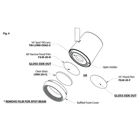 Diagram showing components of Bright White LED Track Head For H Track Systems With Adjustable Beam 2025 Lumen Output Die Cast Aluminum Construction
