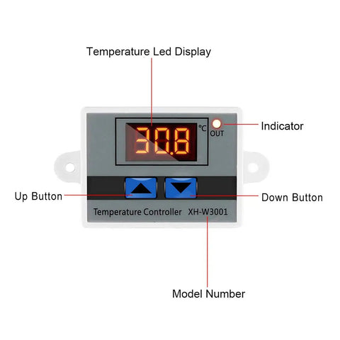 Plug And Play Digital LED Temperature Controller Module With Waterproof Probe displaying 30.8°C on LED screen with buttons and labels.