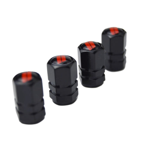 Dodge Valve Stem Caps Set Of 4 With Aluminum Alloy Cap Trim And Resin Emblem 360 Degree Rotating Tire Valve Covers in red and black