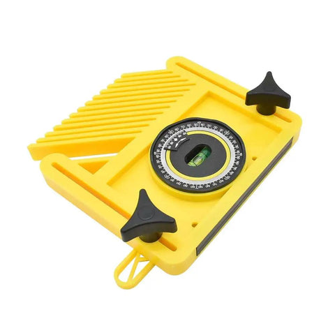 Heavy Duty Featherboard With Built In Level And Quick Angle Finder Featuring Strong Magnetic Mount For Router Tables And Table Saws, yellow adjustable tool with level.