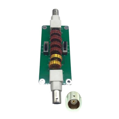 20m 30m 40m CW Low Pass Filter For Radio And TV Broadcasting Cranks Up Crystal Clear Audio And Cuts Out Unwanted Frequencies With 7 MHz 10 MHz And 14 MHz Range For Pristine Signals, showing top view of the compact filter with connectors