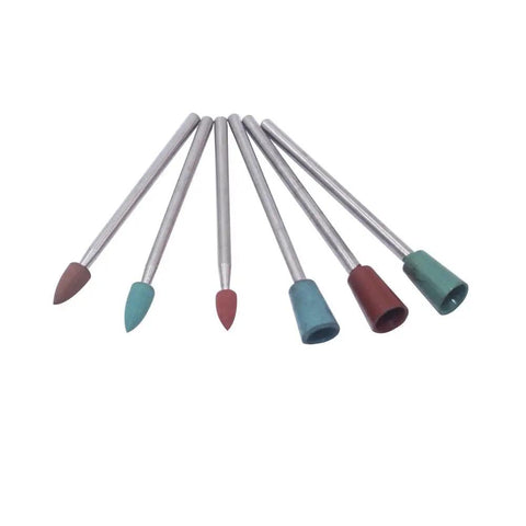Diamond In Rubber Emery Polishing Bits Set, shown with 6 assorted shapes for metal glass stone tile, pro grade grits.