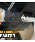 Close-up of drill using the Universal Socket Wrench Head Set Two Piece Drill Adapter Kit 7mm To 19mm Nut Driver Magic Grip Spanner Key Tool