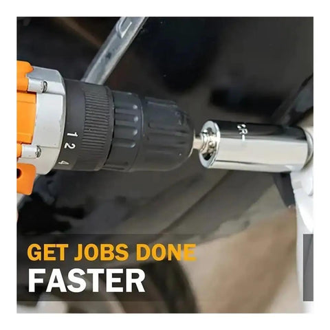 Close-up of drill using the Universal Socket Wrench Head Set Two Piece Drill Adapter Kit 7mm To 19mm Nut Driver Magic Grip Spanner Key Tool