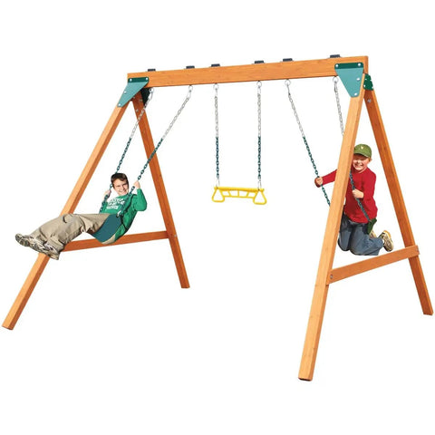 Backyard Wooden Swing Set With Two Swings Brown Finish Kid Friendly Easy Setup For Quick Backyard Fun with kids playing