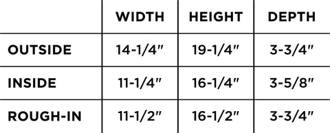 Dimensions chart for Ready To Tile Shower Niche Preformed Recess For Bathroom 11 By 16 Inches Waterproof Shelf For Shampoo And Soap.