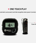 Front and side view of Voice 2S Plus Talking Golf GPS Rangefinder with clip-on hat mount, showing power button and display.