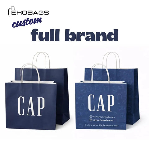 Custom Kraft Paper Gift Bags With Handles For Full Branding Up To Five Sides Printed 115 GSM Recyclable Bags with CAP logo.