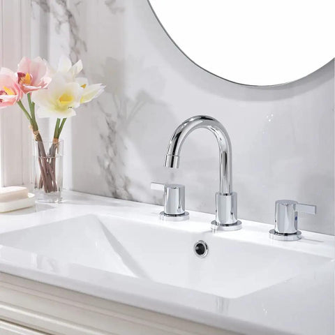 Chrome Finish Widespread Bathroom Sink Faucet With 8 Inch Spread For 3 Hole Vanities, Modern Vanity Tap, Metal Pop Up Drain, Brass Construction