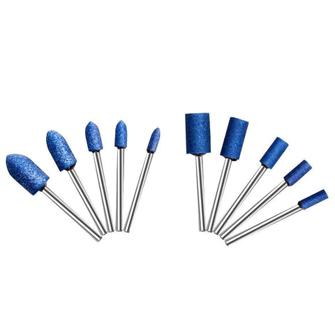 Set of 10 blue mounted grinding stones with 1/8 inch shanks for rotary tools, for grinding, polishing and deburring ferrous metal.