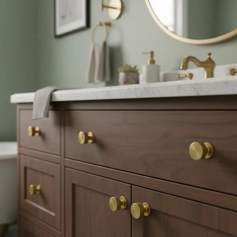Kick Up Your Kitchen Game With These Solid Modern Brushed Brass Cabinet Knobs Perfect For Drawers And Cupboards Snag This Top Tier 10 Pack Hardware Set For A Fresh Upgrade. Brushed brass cabinet knobs on a dark wooden bathroom vanity.