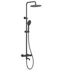 GRANDJOY Exposed Tub and Shower System with Handheld Spray, Matte Black, featuring a 10" rainfall head and adjustable handheld spray.