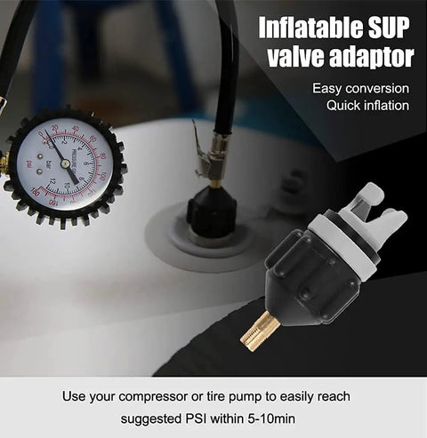 Inflatable Boat and SUP Pump Adapter for Schrader Valve Lets You Connect Any Electric, Foot, or Compressor Pump Easily, Works on Most Inflatable Boards and Boats, Spoke Plate Attachment, Black and Orange, black and white adapter on inflated SUP valve