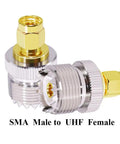 PL259 to SMA Male UHF Female Radio Antenna Adapter, nickel and gold plated coax connector, side view