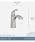 Lindor Brushed Nickel Single Handle Lavatory Faucet 4 Inch With Spot Resist WaterSense Drain Included Deck Plate Easy Install shown with dimensions