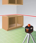 Self-Leveling Rotary Laser Level for indoor and outdoor projects with red beam used in kitchen framing, pro-grade tool on tripod
