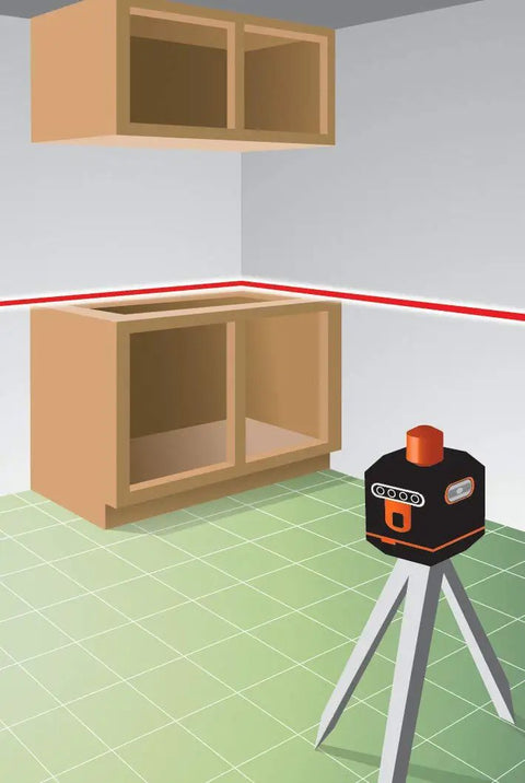 Self-Leveling Rotary Laser Level for indoor and outdoor projects with red beam used in kitchen framing, pro-grade tool on tripod