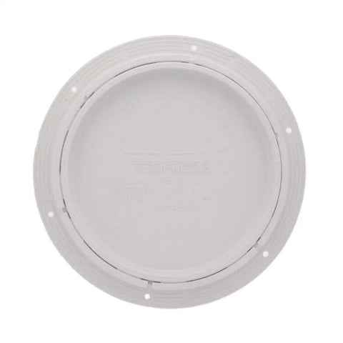 Eight Inch White Round Deck Plate Inspection Hatch Featuring Pry Out Lid And Water Tight O Ring Seal Bulletproof Marine Access Cover top view.