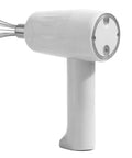 Cordless Electric Hand Mixer With Stainless Steel Beaters, white ergonomic grip, side view showcasing whisk attachment.