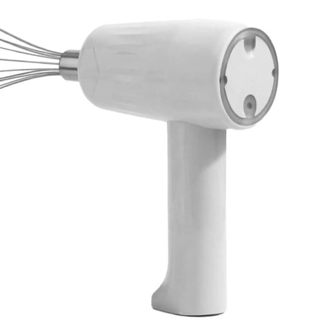 Cordless Electric Hand Mixer With Stainless Steel Beaters, white ergonomic grip, side view showcasing whisk attachment.