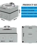 Hella Beefy 50 Amp NEMA 14 50R Outdoor Power Outlet Box Weatherproof Receptacle dimensions with threaded outlet holes and screw holes.