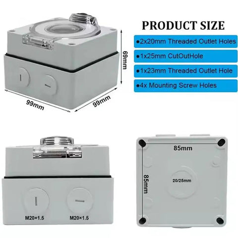 Hella Beefy 50 Amp NEMA 14 50R Outdoor Power Outlet Box Weatherproof Receptacle dimensions with threaded outlet holes and screw holes.