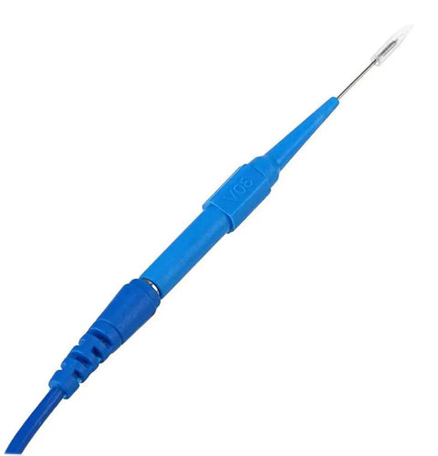 Close-up of blue insulation piercing probe from 15 Piece Back Probe Pin Set With 0.7mm On Destructive Insulation Piercing Probes For Multimeter Testing 4mm Banana Plug Compatible Pro Grade Field Ready Probing Gear For Precise Circuits