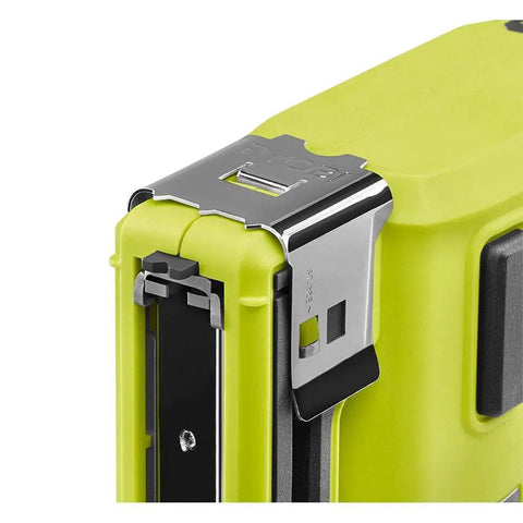 Close-up of 18 Volt One Plus Compression Drive Crown Stapler with metal wire-screen guide attachment for precise fastening