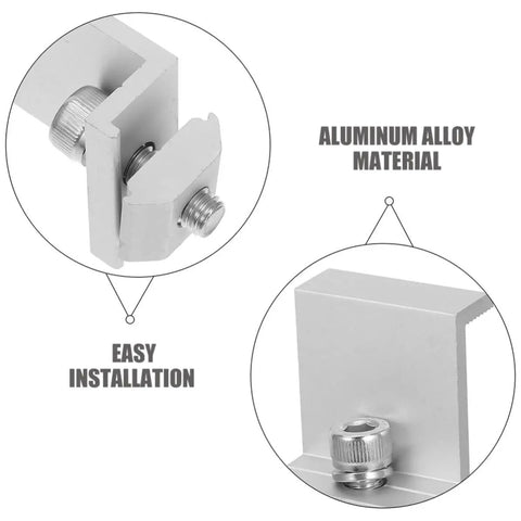 Close-up of Rock Solid Heavy Duty Aluminum Solar Panel Clamps showing aluminum alloy material and easy installation with M8x25 screws.