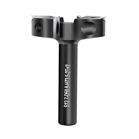 CNC Spoilboard Surfacing Router Bit With One Half Inch Shank And Two Inch Cutting Diameter, Balanced Two Plus Two Carbide Inserts For Slab Flattening And Planing, Industrial Grade Woodworking Tool.