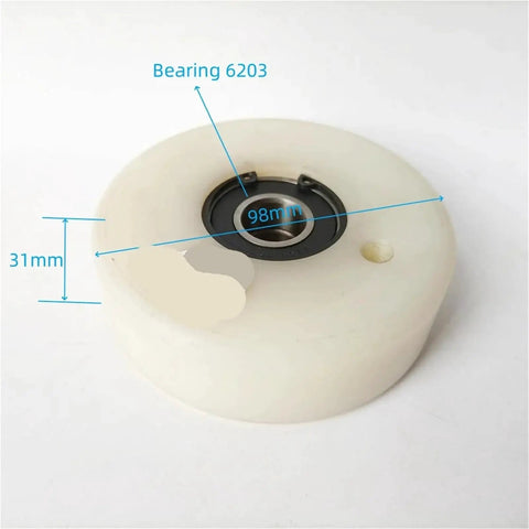 Kickass White Nylon Escalator Handrail Speed Measuring Wheel With Double 6203Rs Bearings, 98mm diameter and 31mm thick.