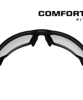 Front view of Mechanix Wear Type-X safety glasses, black frame, clear polycarbonate lenses, ventilated temples