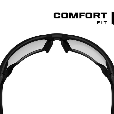 Front view of Mechanix Wear Type-X safety glasses, black frame, clear polycarbonate lenses, ventilated temples