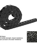 Beefy Black Nylon PA66 Cable Drag Chain 10x15mm Inner Height By Width, 1 Meter Length, Coiled View, Highlighting Material