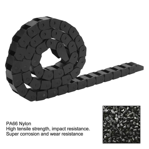Beefy Black Nylon PA66 Cable Drag Chain 10x15mm Inner Height By Width, 1 Meter Length, Coiled View, Highlighting Material