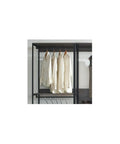 Heavy Duty Wood Walk In Closet Organizer System With Customizable Shelving And Rustic Gray Finish with hanging shirts.