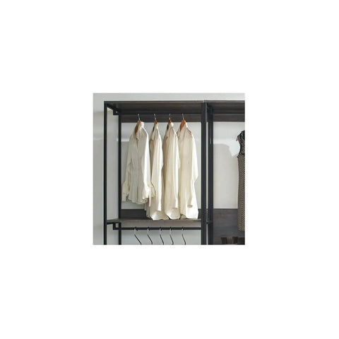 Heavy Duty Wood Walk In Closet Organizer System With Customizable Shelving And Rustic Gray Finish with hanging shirts.