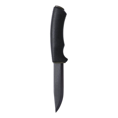 Bushcraft Survival Fixed Blade Knife With Carbon Steel Blade Black DLC Coated 4.3 Inch shown vertically against white background